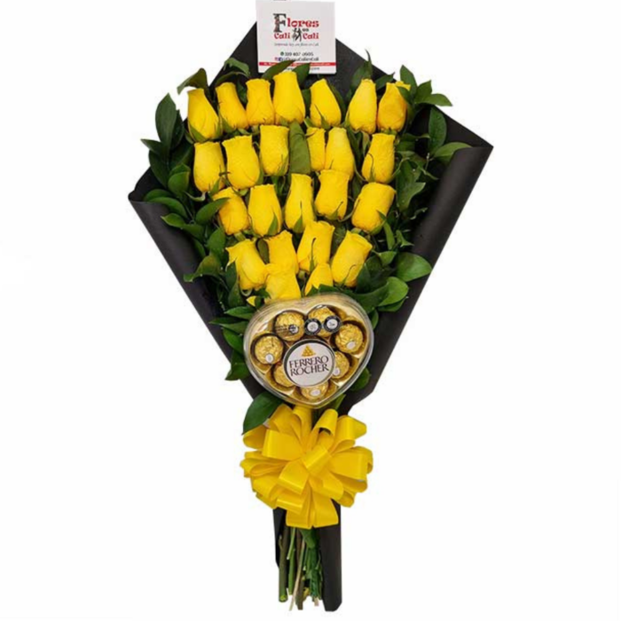 🍫 Arreglo con Flores Amarillas | 24 Rosas y Chocolates