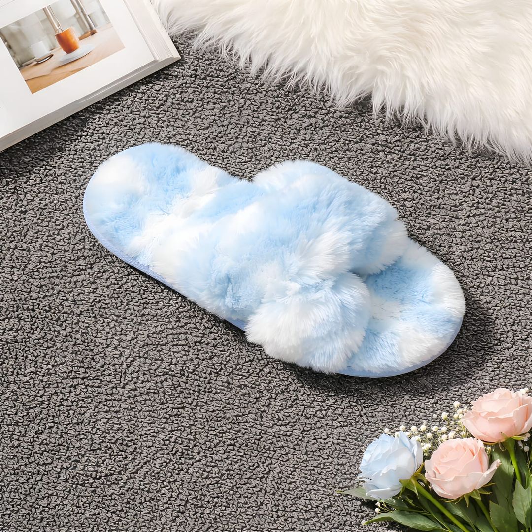 Ladies Two Tone Crossover Fluffy Slider - Blue