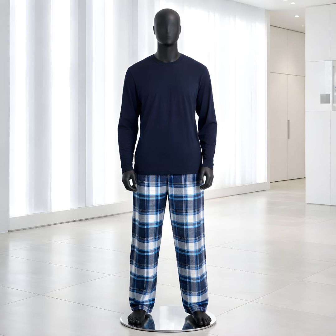 Men Jersey Long Sleeve & Woven Check Lounge Pant Set Navy Check 