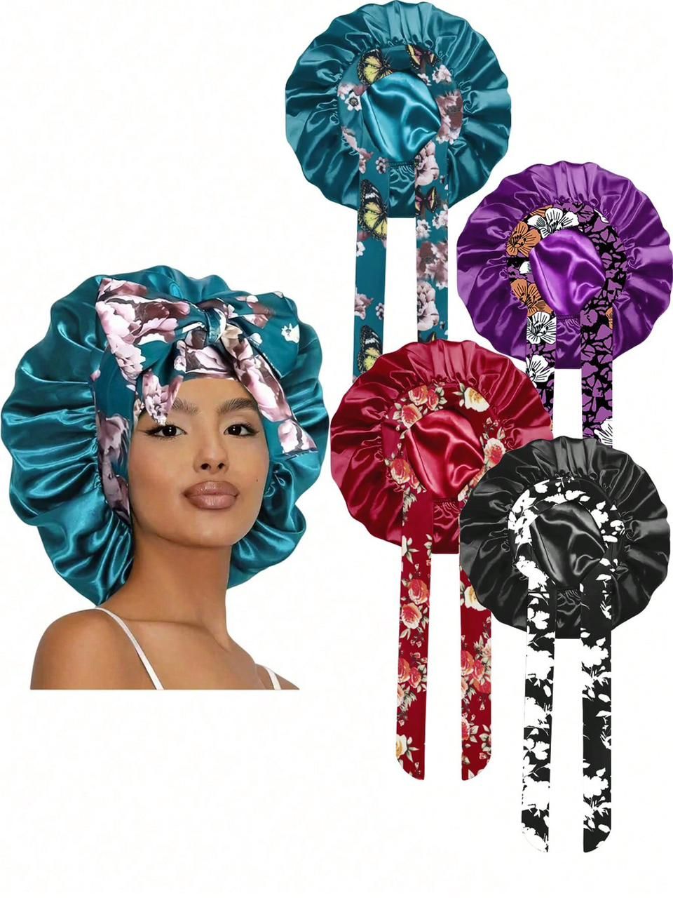 Ethnic Print Long Ribbon Satin Sleep Cap, Bow Tie Headscarf Hat, Chemotherapy Cap, Beauty and Hairdressing Hat