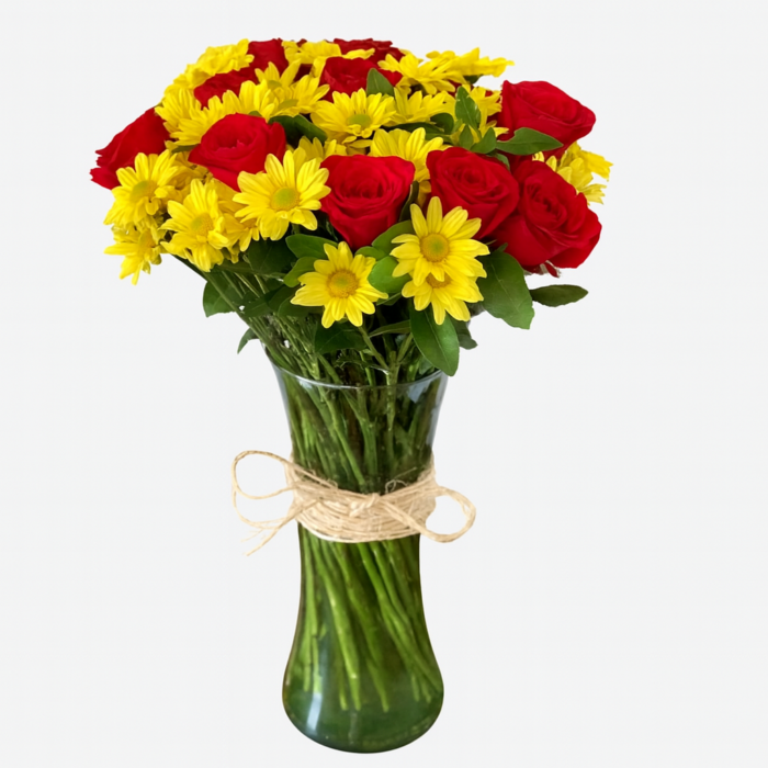 🌼 Margarita Flor Amarilla | Florero con Rosas Rojas