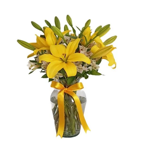 🌼 Lilis Amarilla | Florero con 5 Lilis y Astromelias