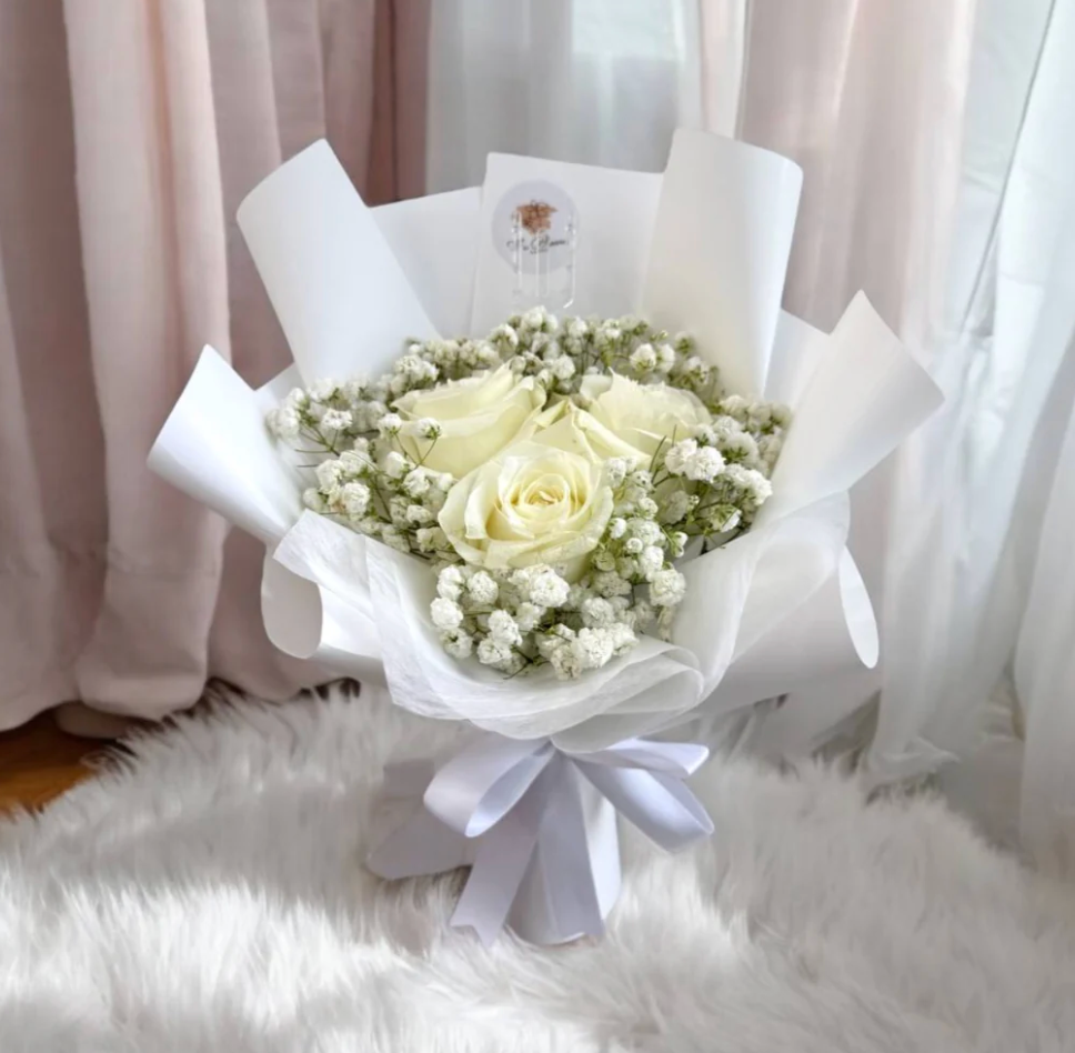 3 Fresh White Roses with Baby Breath Bouquet