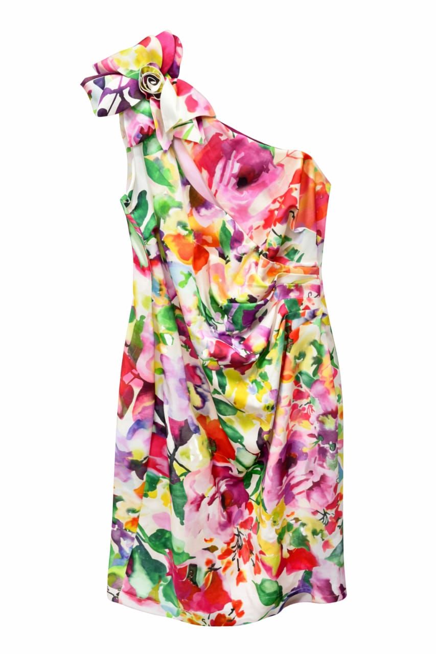 Pink Floral One Shoulder Ladies Dress