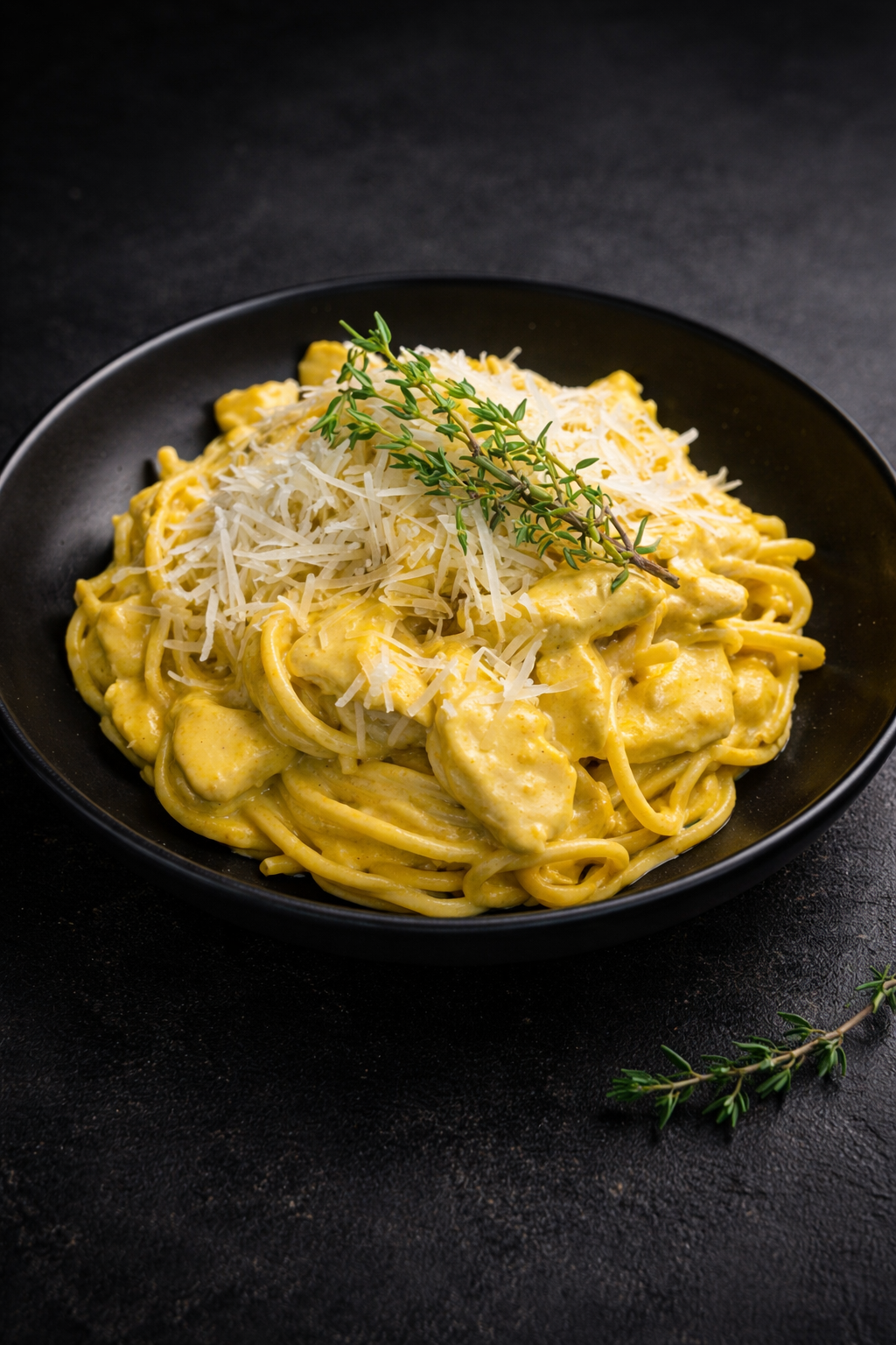 Паста в карри соусе с ломтиками куриной грудки с пармезаном