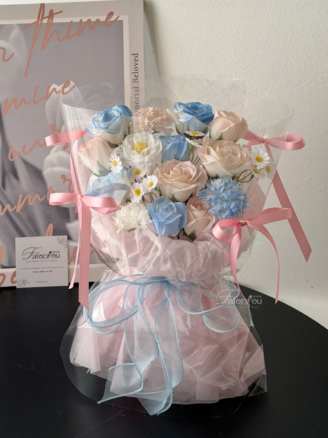 Pink Blue Soap Flower Transparent Bouquet 