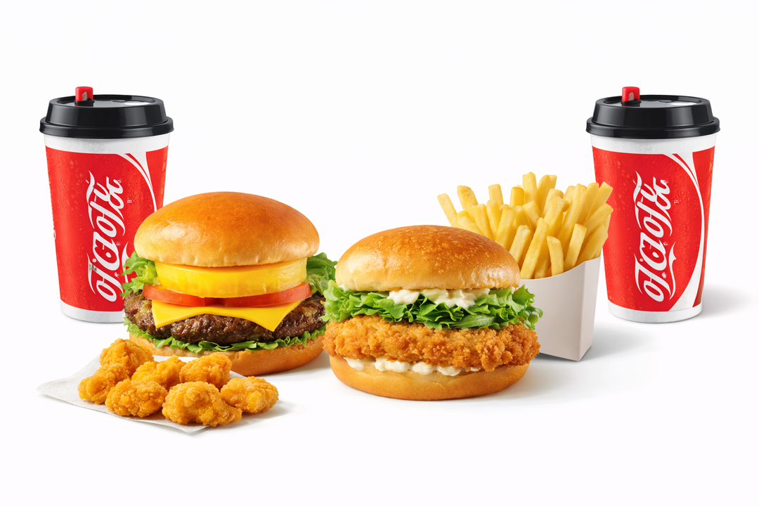 Pineapple Fresh Meat Burger + Cod Burger + Cola x 2 + Popcorn Chicken + French Fries