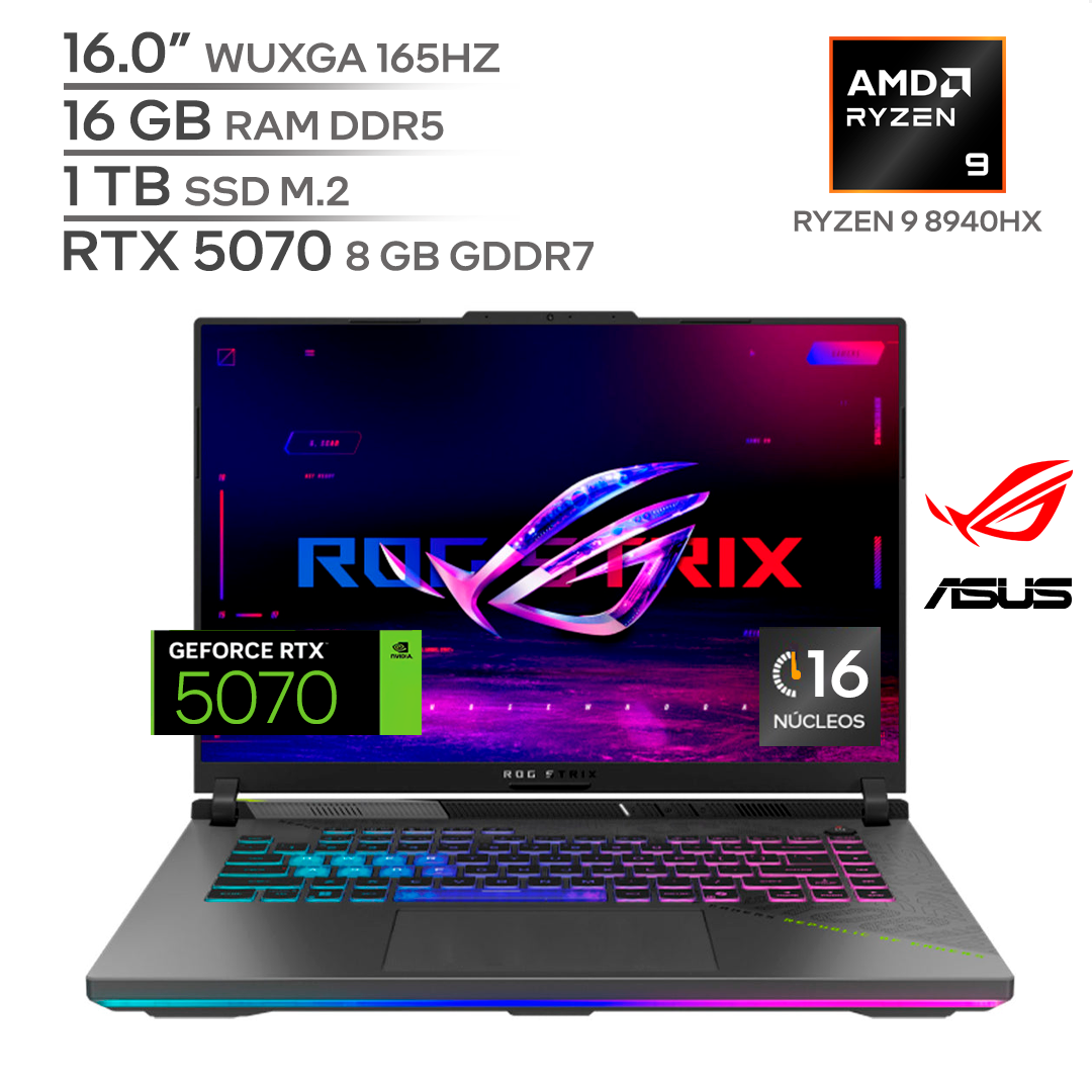 ASUS ROG STRIX G16 G614PP-WH94 / RYZEN 9 8940HX / RTX 5070 8 GB / 16 GB DDR5 RAM / 1 TB SSD Nvme M.2 / 16.0" FHD 165HZ / WINDOWS 11
