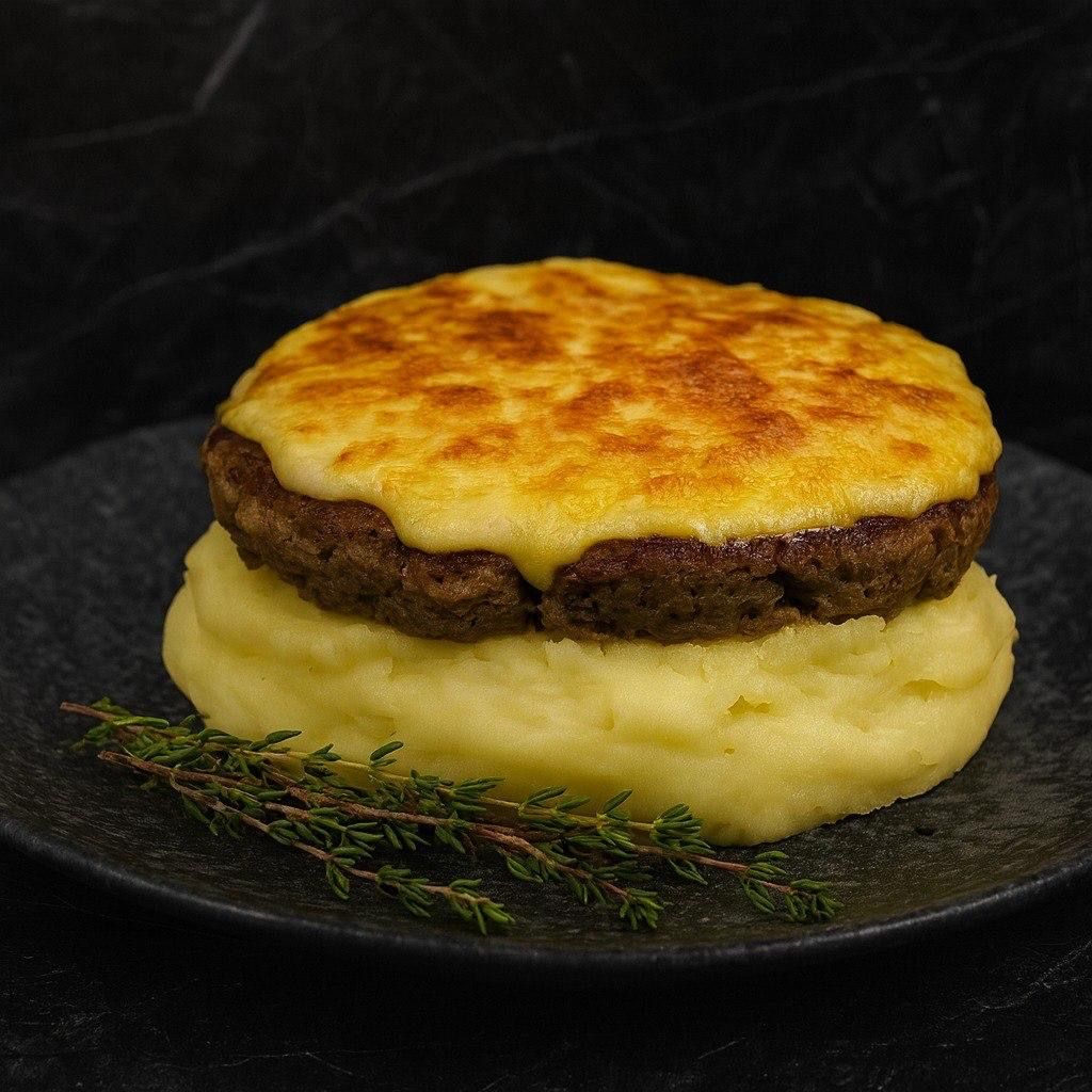 Bistec de carne picado con queso , sobre puré de papas cremoso, con salsa cremosa de pimienta