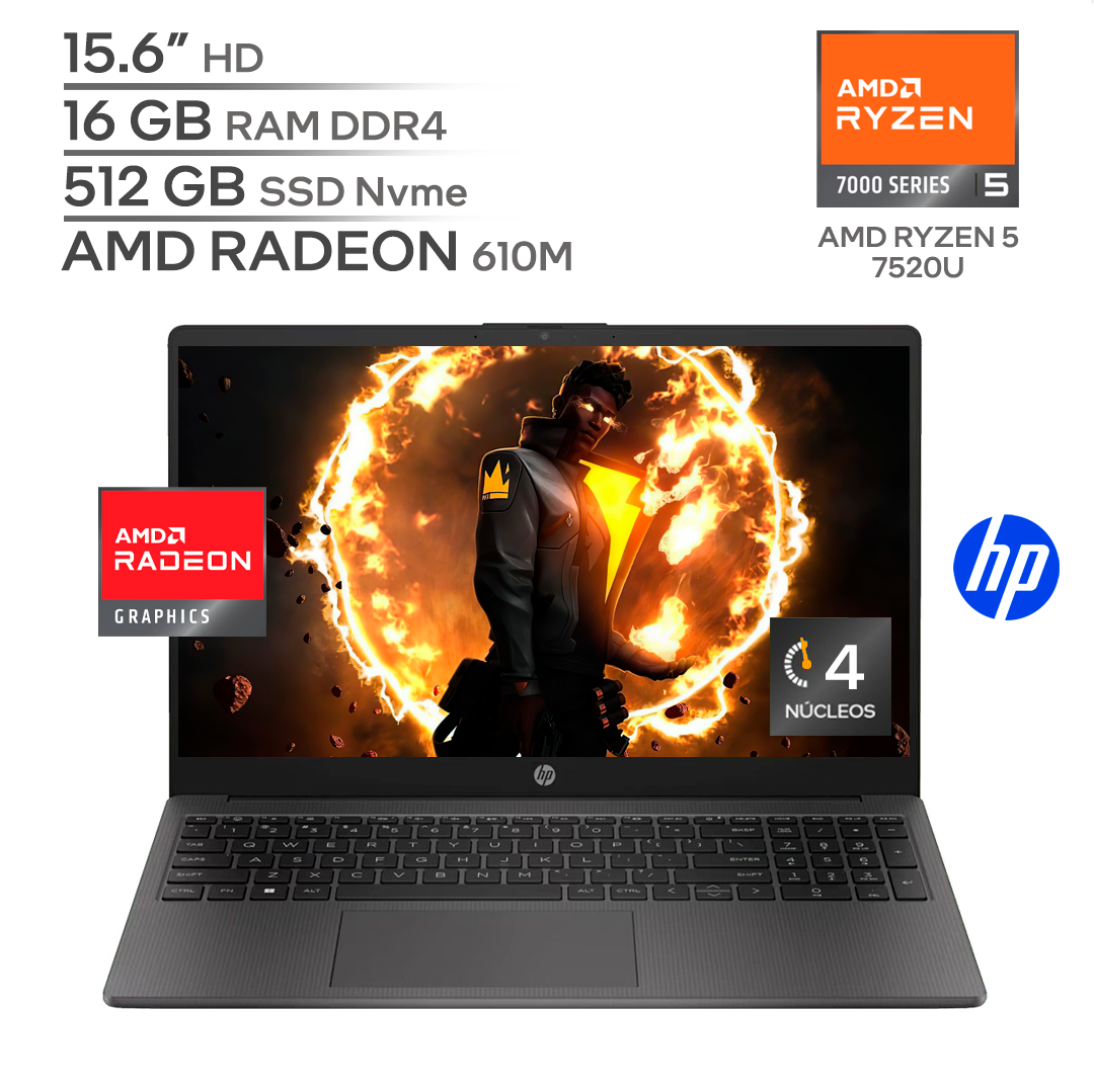 HP 255 G10 / AMD RYZEN 5 7520U / RAM 16 GB DDR5 / SSD 512 GB Nvme / 15.6" HD