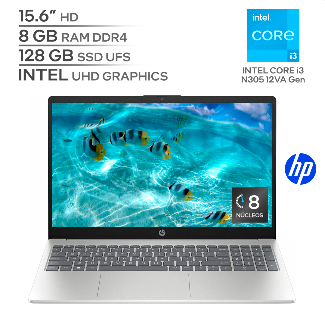 HP 15 FD0113DX / INTEL Core i3 N305 12Va Generación / RAM 8 GB DDR4 / SSD 128 GB UFS / 15.6" HD / WINDOWS 11