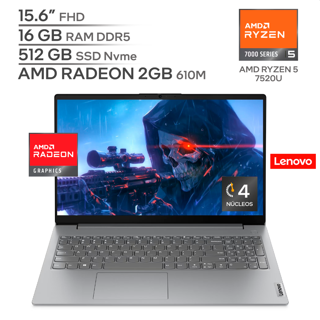LENOVO V15 G4 AMN / AMD RYZEN 5 7520U / RAM 16 GB DDR5 / SSD 512 GB Nvme / 15.6" FHD 1080P / WINDOWS 11
