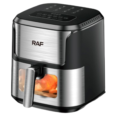 RAF 6.8 liters Multifunctional Visual Air Fryer, Stainless Steel, Non-stick Touch Screen, LCD Display, Adjustable Temperature Control – 1 Year Warranty
