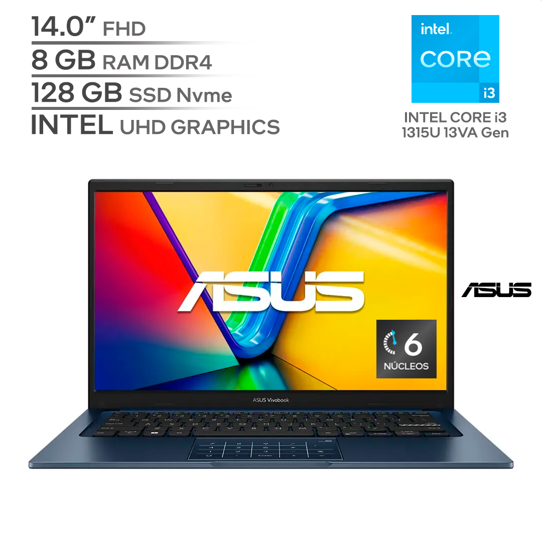 ASUS VIVOBOOK 14 X1404VA V14 / INTEL Core i3 1315U 13Va Generación / RAM 8 GB DDR4 / SSD 128 GB Nvme / 14.0" FHD / WINDOWS 11