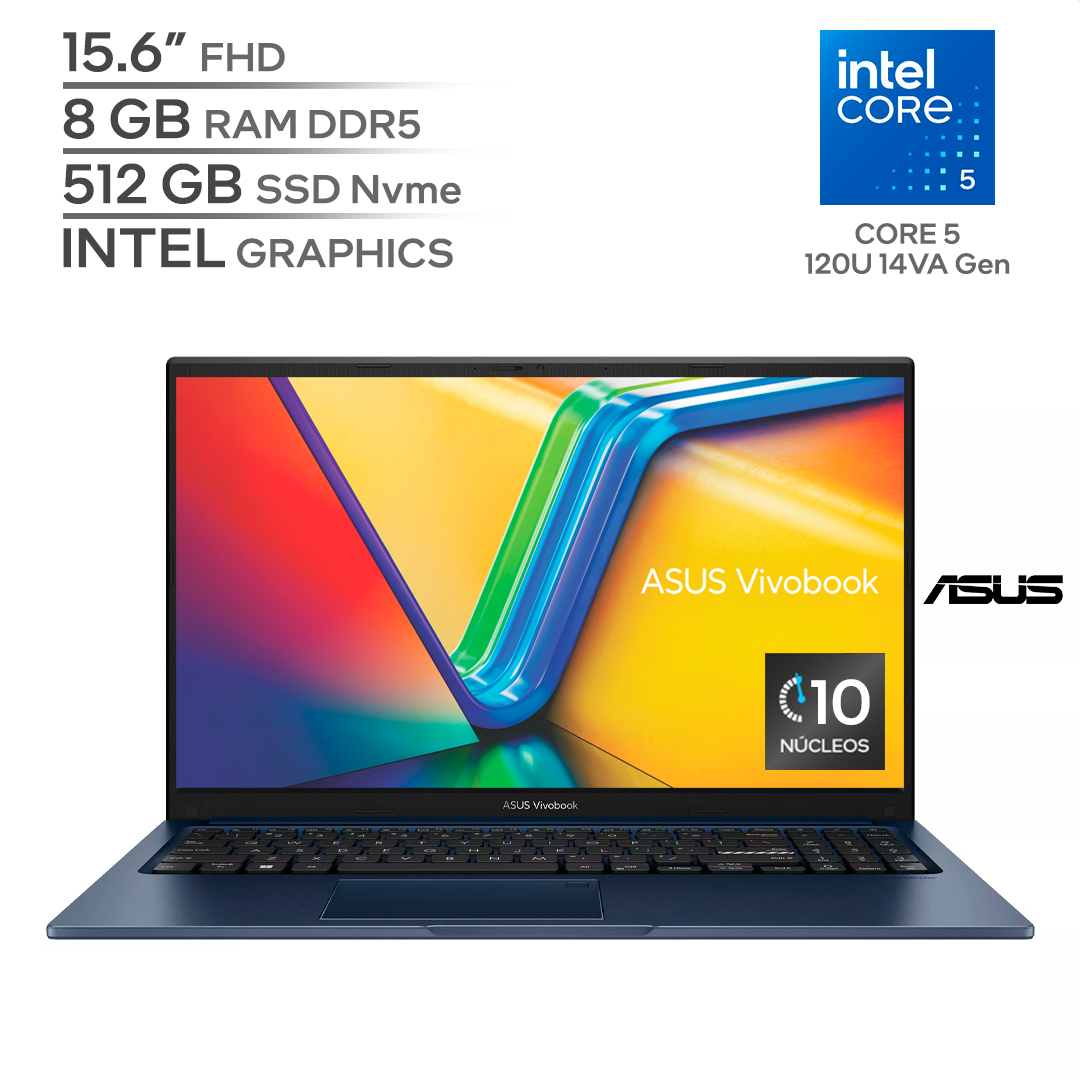 ASUS VIVOBOOK X1504VA VQ583 / INTEL CORE 5 120U 14Va Generación / RAM 8 GB DDR4 / SSD 512 GB Nvme / 15.6" FHD / WINDOWS 11