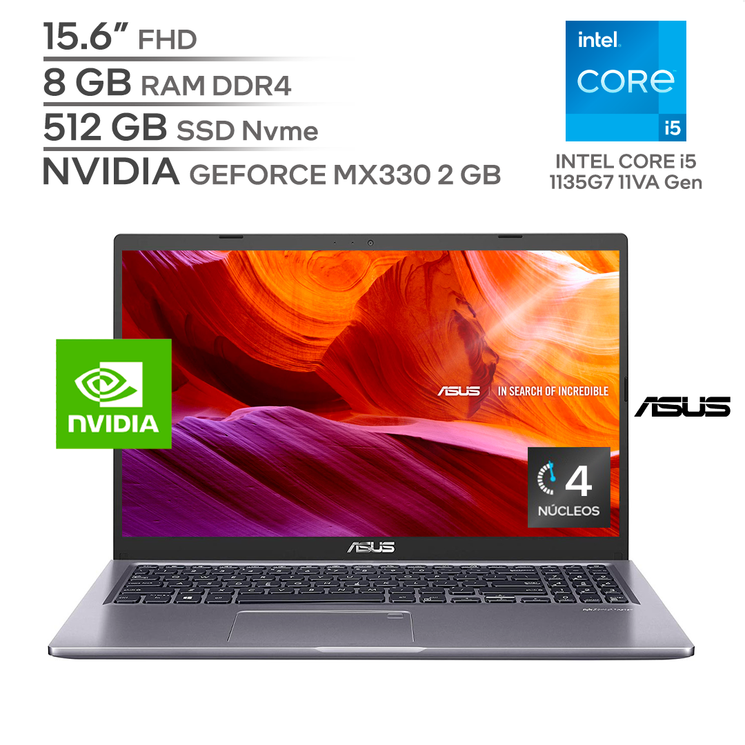 ASUS VIVOBOOK X515E / INTEL Core i5 1135G7 11Va Generación / RAM 8 GB DDR4 / SSD 512 GB Nvme / NVIDIA MX330 2 GB / 15.6" FHD / WINDOWS 11