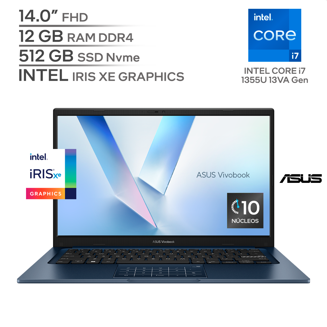 ASUS VIVOBOOK X1404V / INTEL Core i7 1355U 13Va Generación / RAM 12 GB DDR4 / SSD 512 GB Nvme / 14.0" FHD 1080P / WINDOWS 11