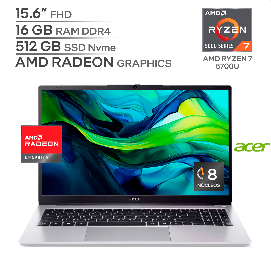 ACER ASPIRE LITE AL15 / AMD RYZEN 7 5700U / RAM 16 GB DDR4 / SSD 512 GB Nvme / 15.6" FHD / WINDOWS 11