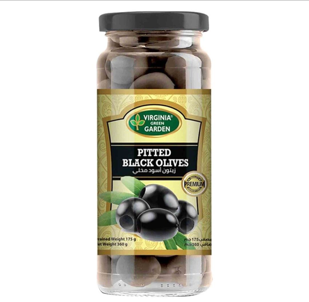 Virginia green garden pitted black olives 340g