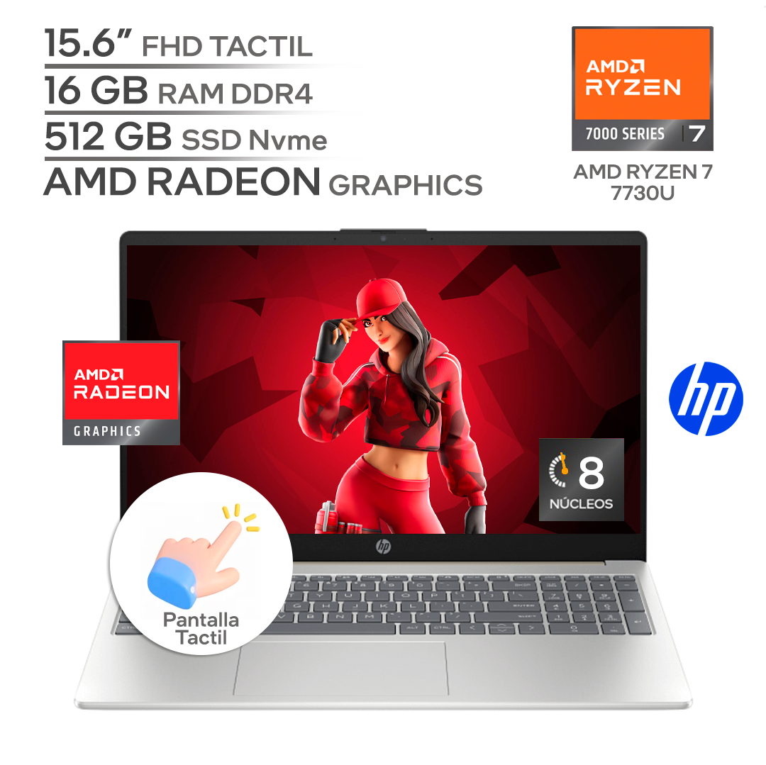 HP 15 FC0057WM / AMD RYZEN 7 7730U / RAM 16 GB DDR4 / SSD 512 GB Nvme / 15.6" FHD TACTIL / WINDOWS 11