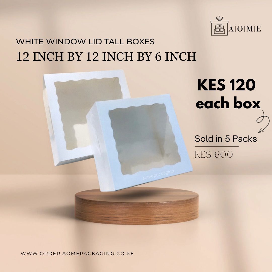 12inch by 12inch by 6inch Kraft White Window Lid Cake Boxes - 5 Pack 