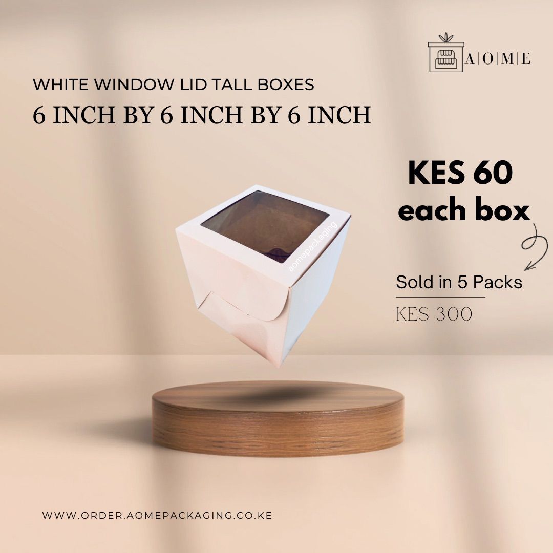6inch by 6inch by 6inch Kraft White Window Lid Cake Boxes - 5 Pack