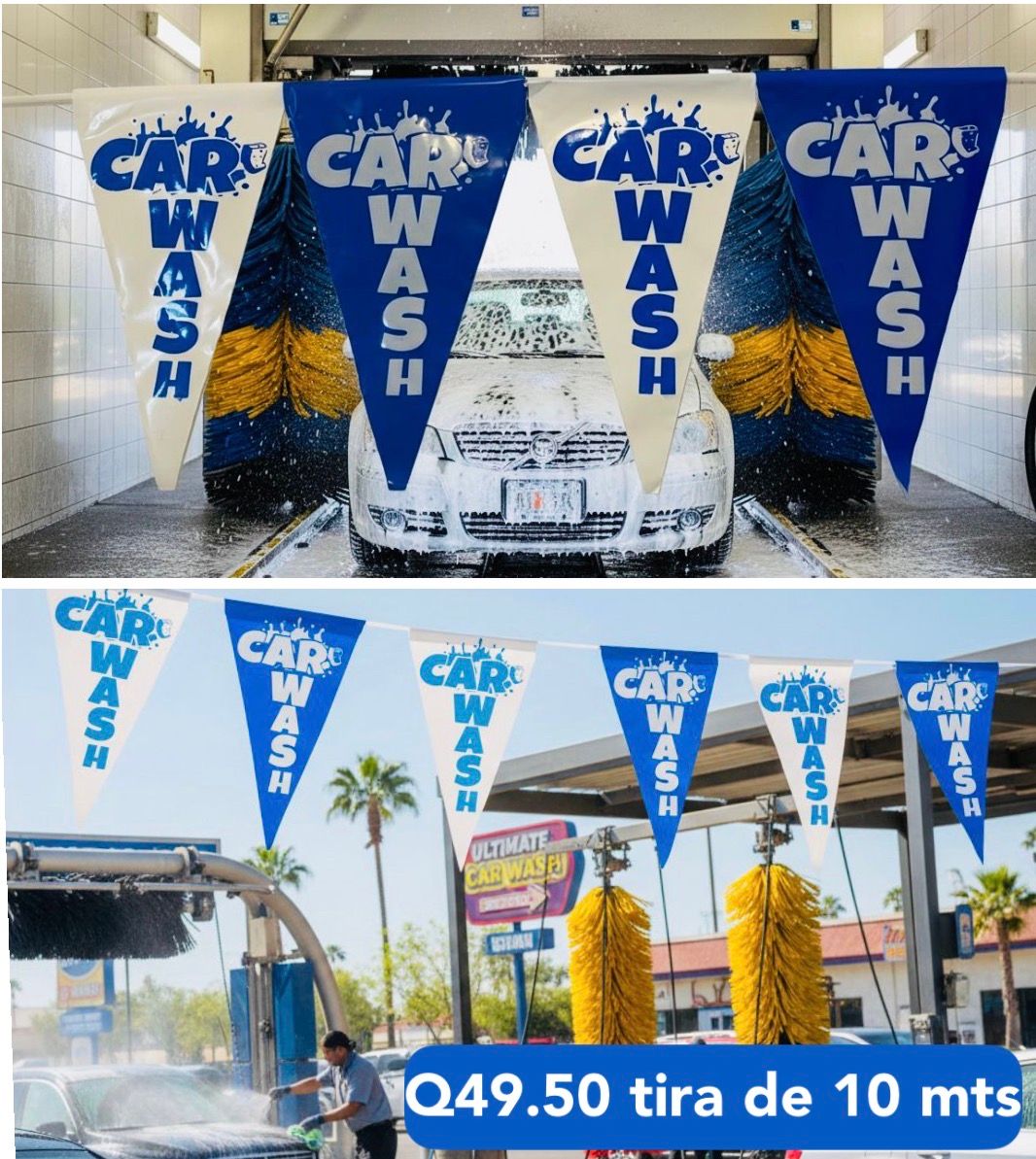 Banderines azul y blanco impresión CAR WASH 