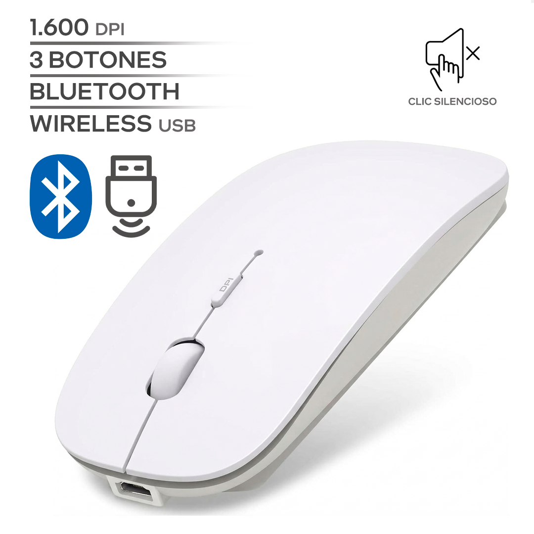 RODCAZ / 1600 DPI / 3 BOTONES / WIRELESS USB / BLUETOOTH / INALAMBRICO / RECARGABLE / BLANCO