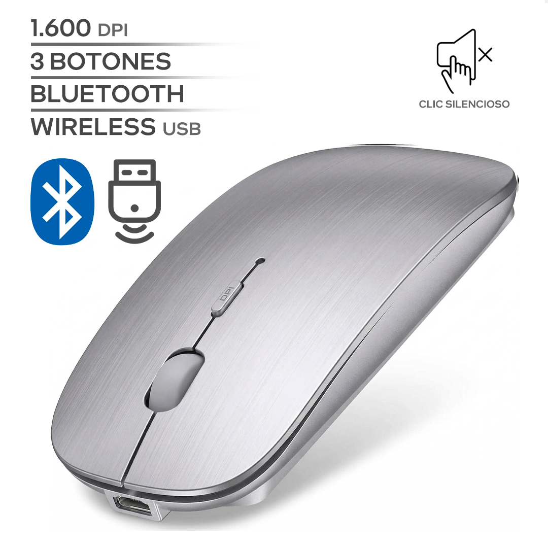 RODCAZ / 1600 DPI / 3 BOTONES / WIRELESS USB / BLUETOOTH / INALAMBRICO / RECARGABLE / PLOMO