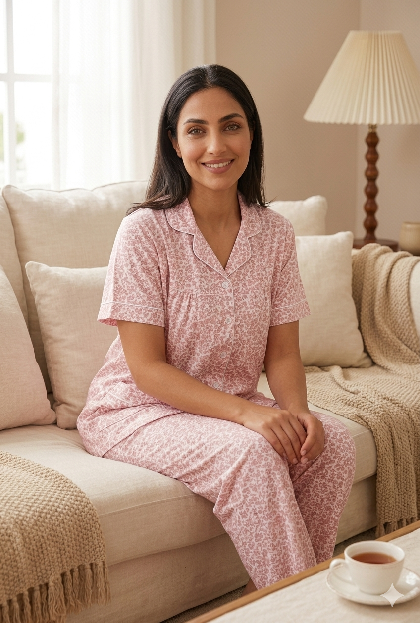 Pink flowers short sleeves pajama set