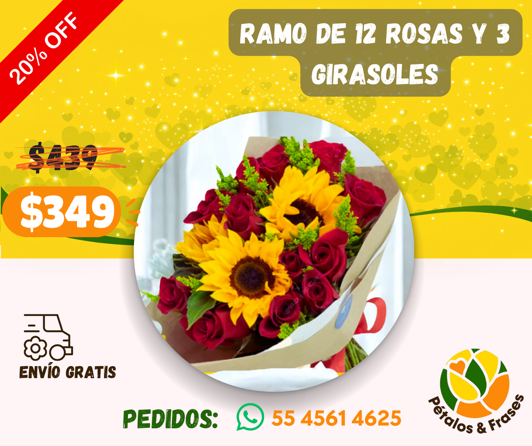 Ramo de 12 rosas y 3 girasoles
