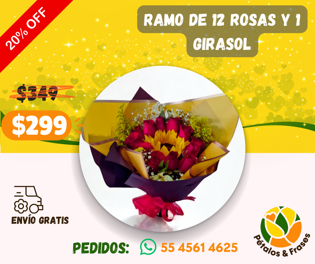 Ramo de 12 rosas y 1 girasol