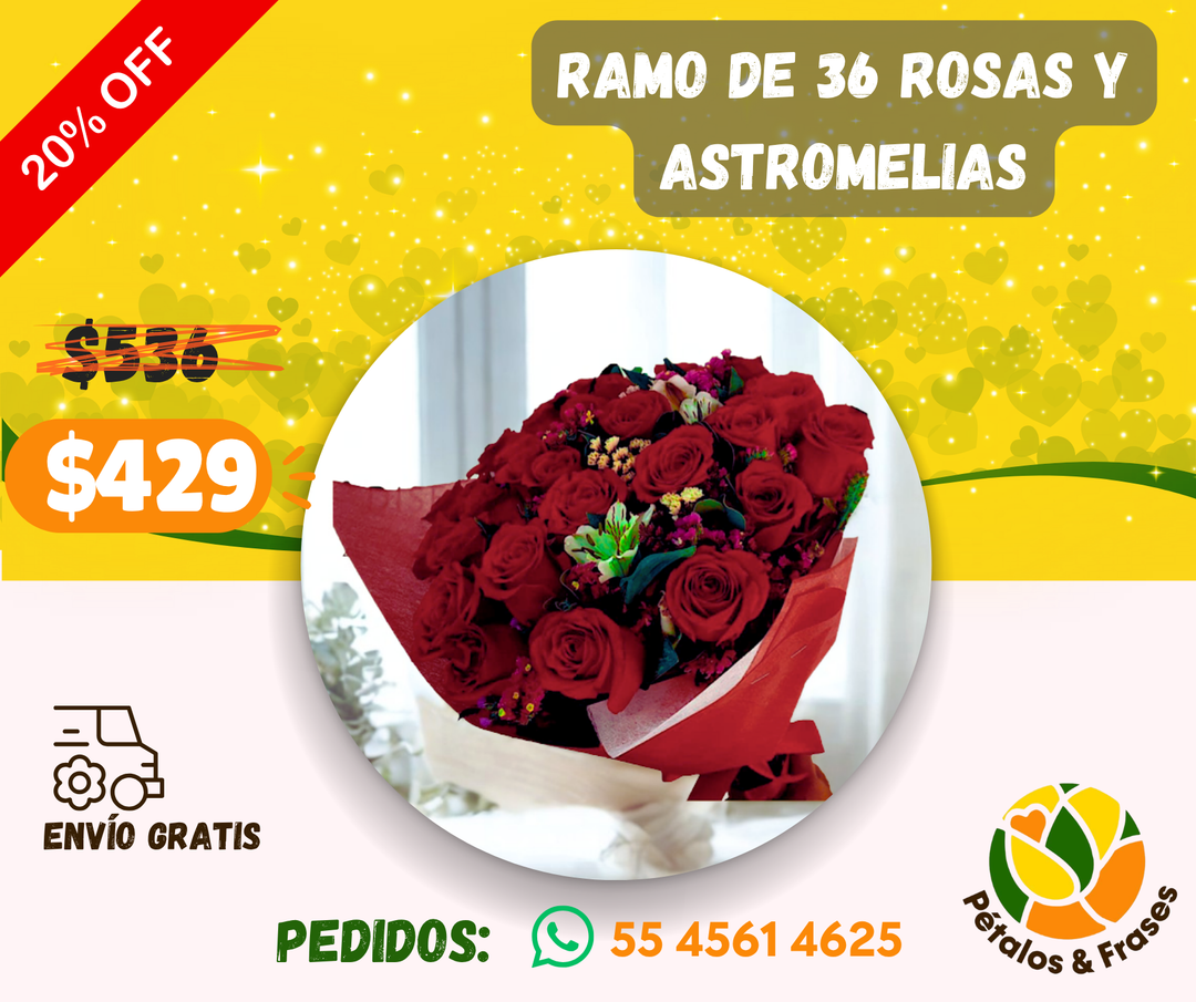 Ramo de 36 rosas y astromelias