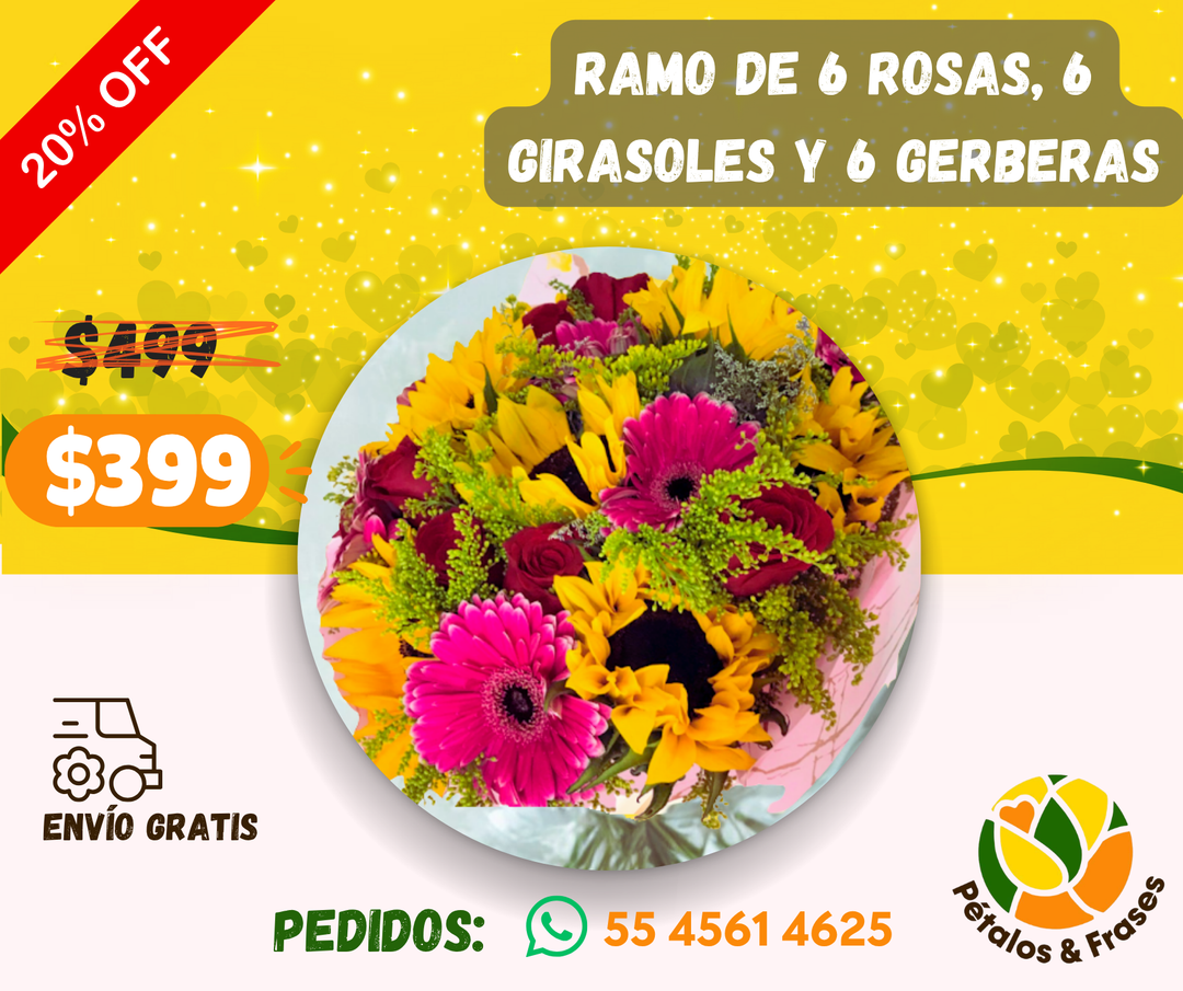 Ramo de 6 rosas, 6 girasoles y 6 gerberas