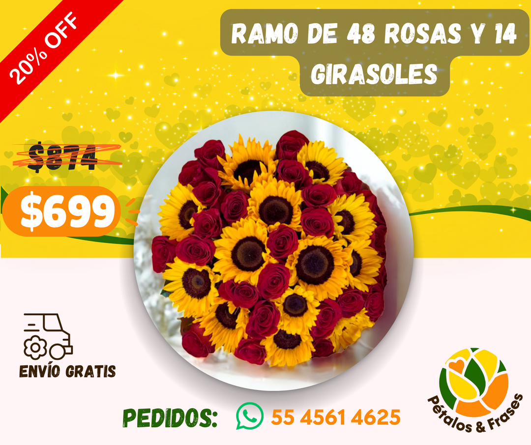Ramo de 48 rosas y 14 girasoles