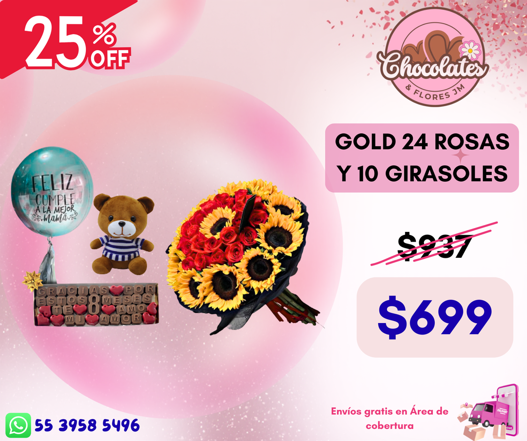 GOLD 24 ROSAS Y 10 GIRASOLES