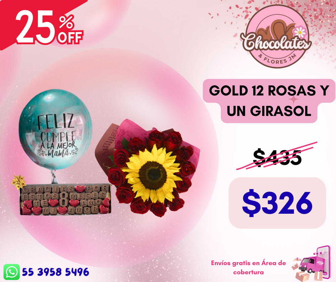 GOLD 12 ROSAS Y UN GIRASOL