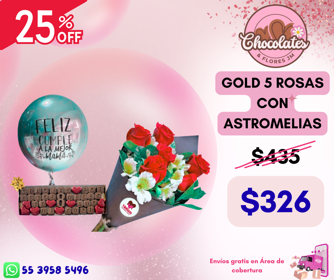 GOLD 5 ROSAS CON ASTROMELIAS