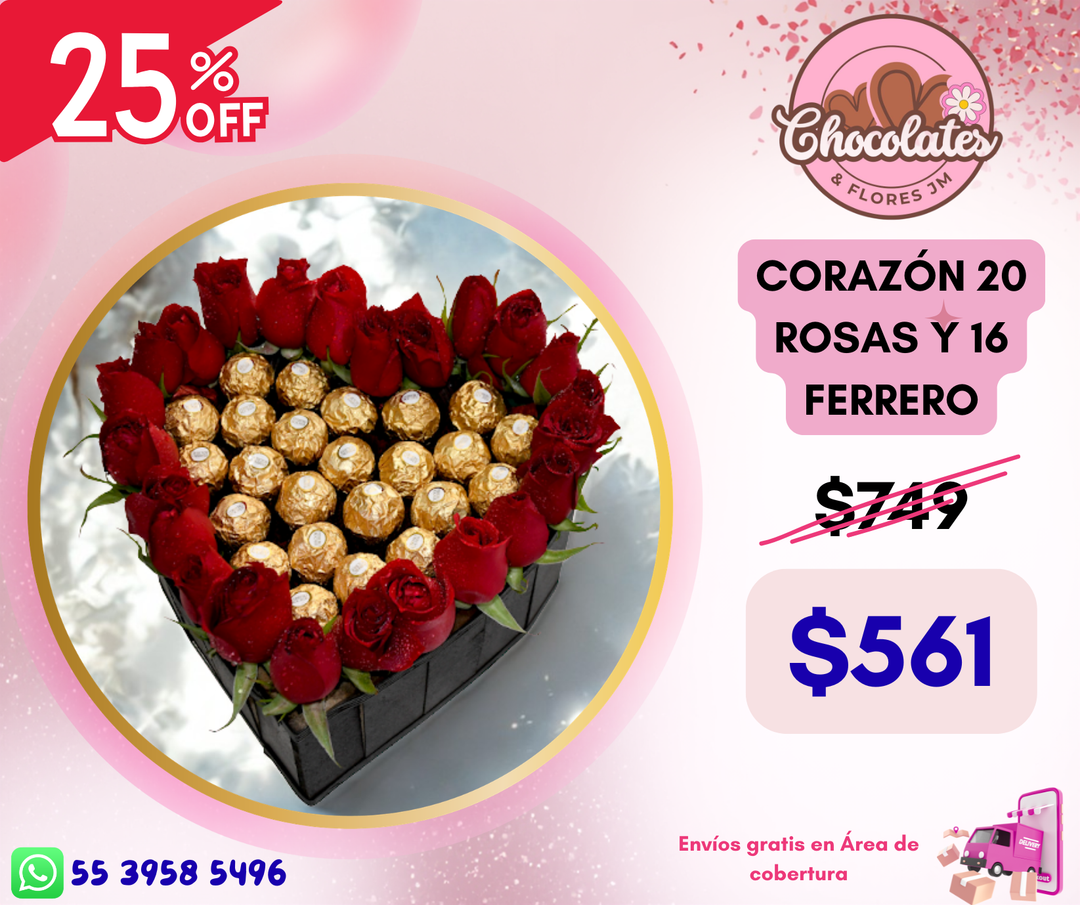 CORAZÓN 20 ROSAS Y 16 FERRERO