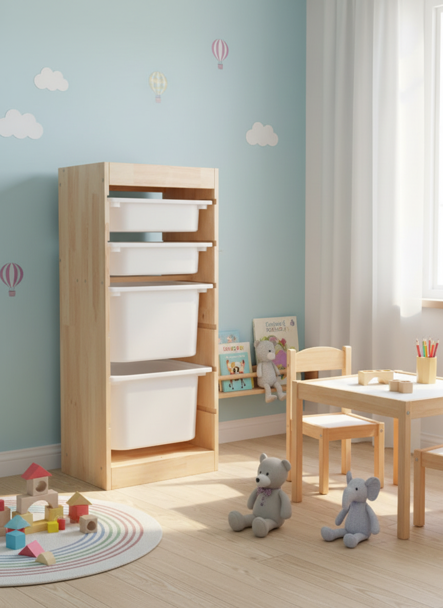 732 - WOODEN STORAGE WITH BASKET