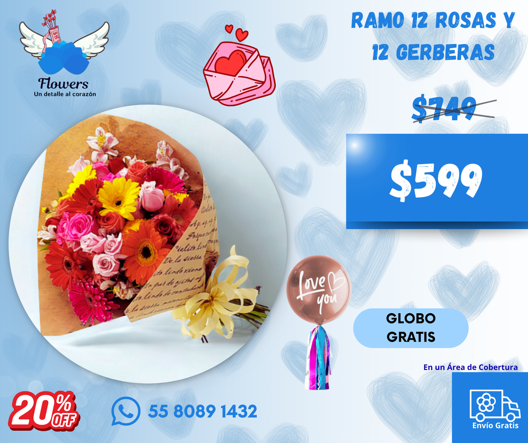 Ramo 12 rosas y 12 gerberas