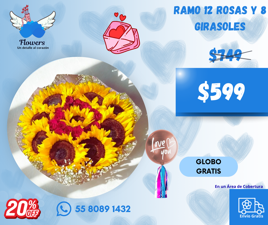 Ramo 12 rosas y 8 Girasoles