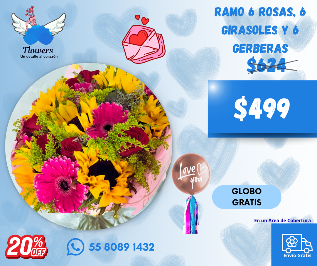 ramo 6 rosas, 6 Girasoles y 6 gerberas