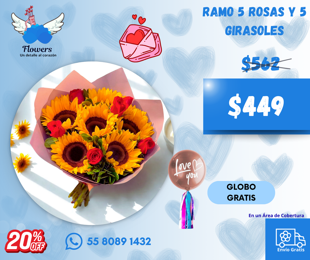 Ramo 5 rosas y 5 girasoles