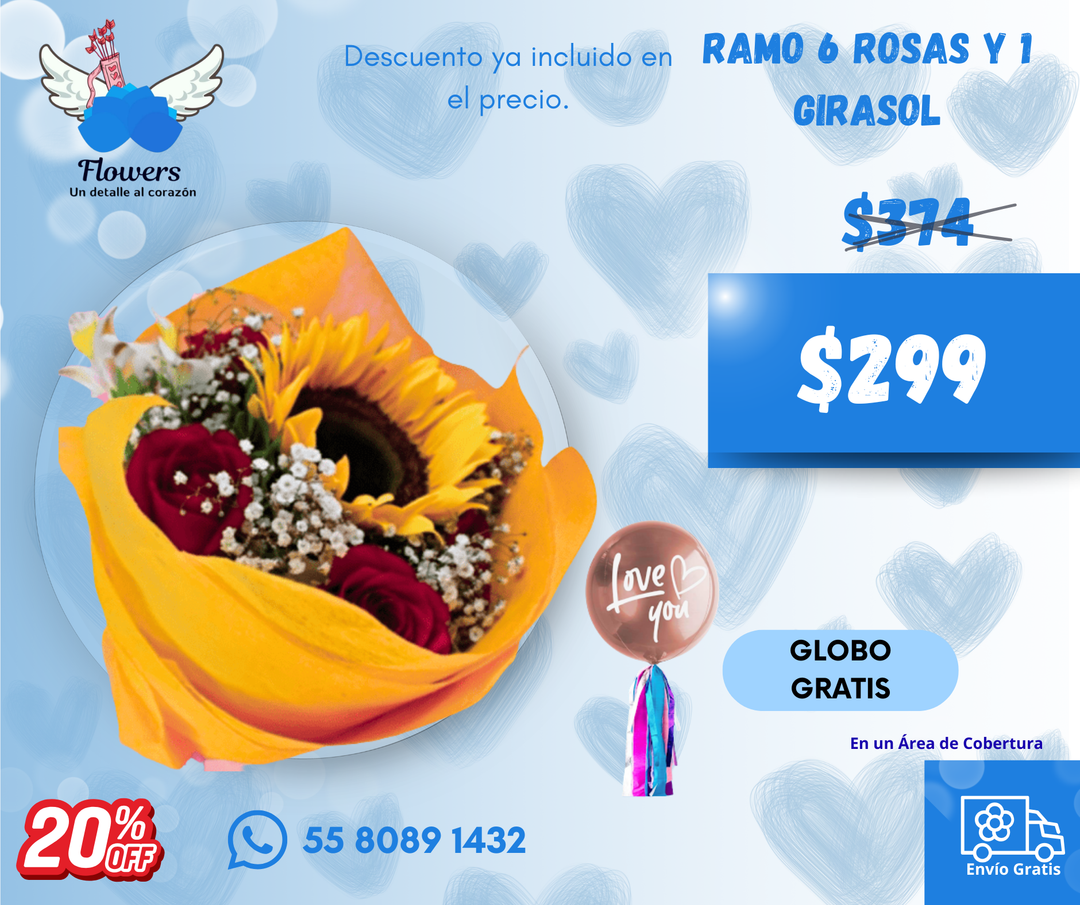 Ramo 6 rosas y 1 GIRASOL