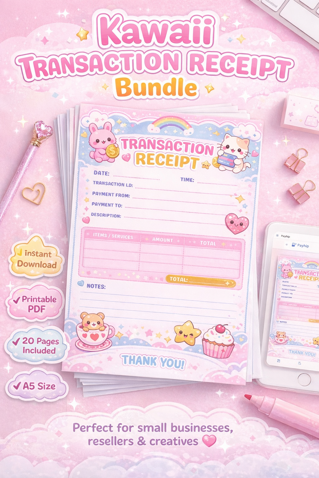 Kawaii A5 Transaction Receipt Printable | 20 Page Bundle | Instant Download