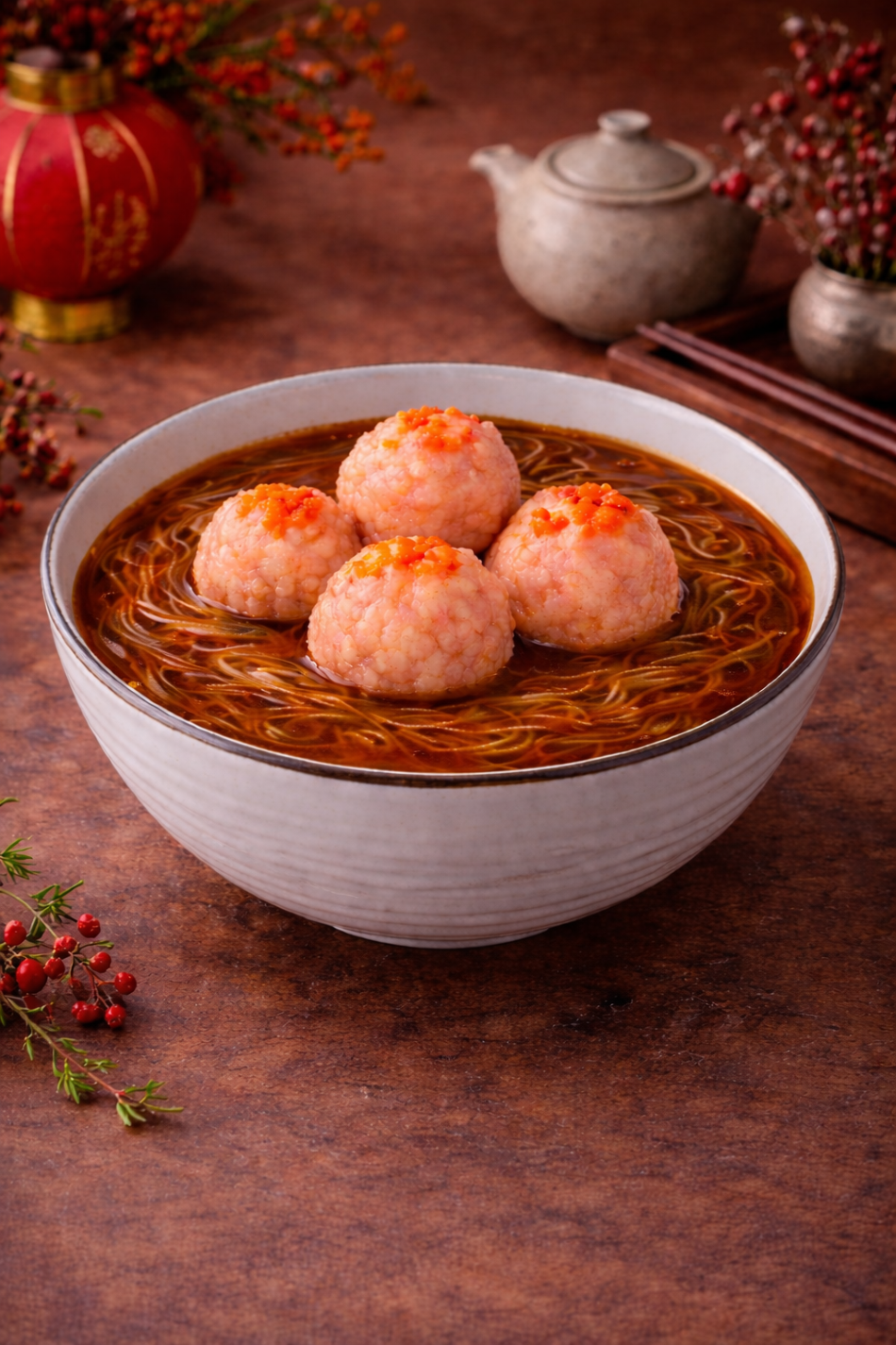 Tobiko Prawn Paste Ball Mee Sua (飞鱼子虾滑面线)