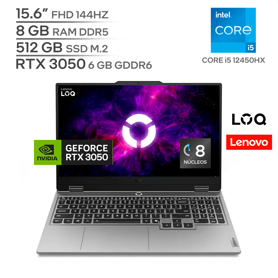 LENOV LOQ 15 IAX9 / CORE i5 12450HX / RTX 3050 6 GB / 8 GB DDR4 RAM / 512 GB SSD Nvme M.2 / 15.6" FHD 144HZ / WINDOWS 11