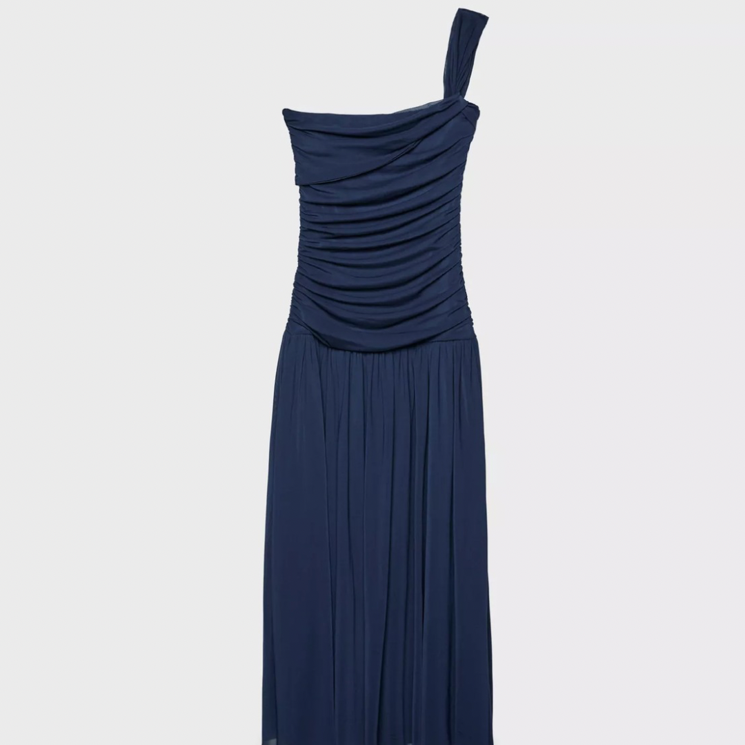 Robe Midi en Tulle Bleu Marine - Coupe Asymétrique