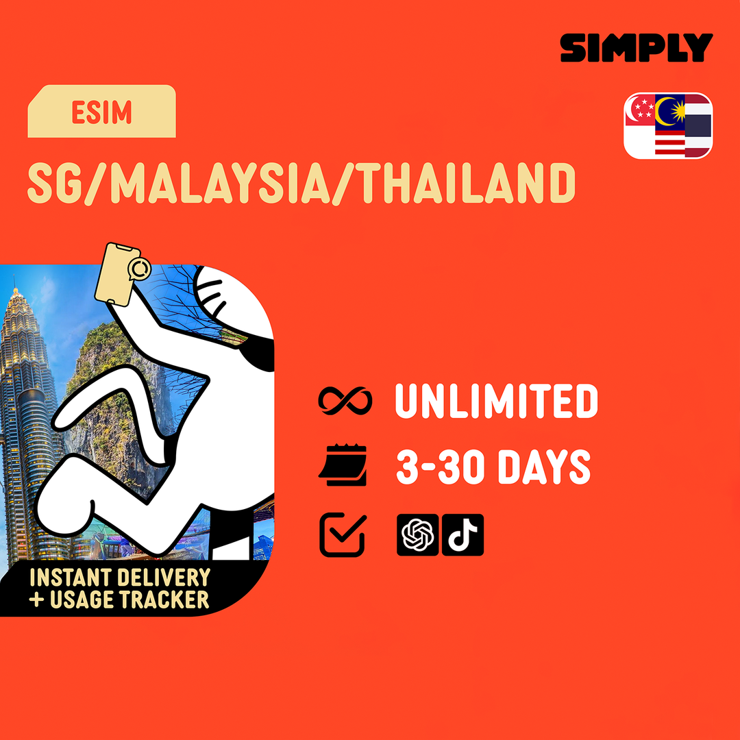 SIMPLY Unlimited Data | Singapore + Malaysia + Thailand eSIM | Up to 30 Days